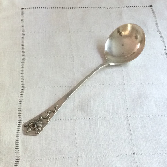 Hilde Vollers Floral Pattern w Bezel Set Garnet Silver Serving Spoon - Handmade - Picture 10 of 11